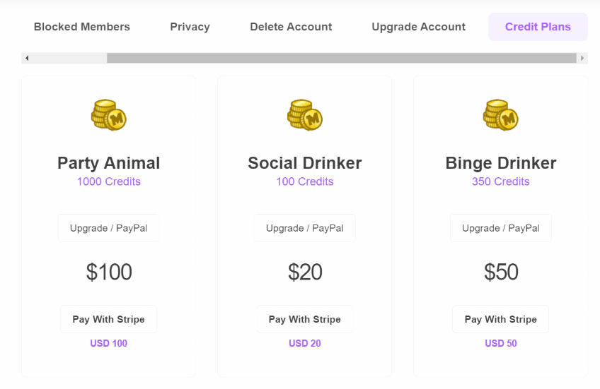 Image of the different Drinking Mate Credit plans.